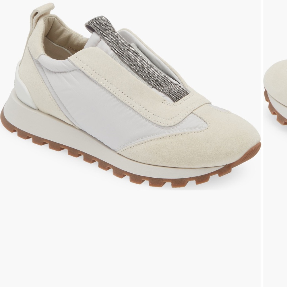 Brunello Cucinelli White and Cream Slip-On Sneakers